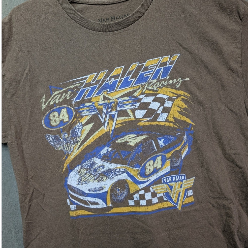 Van Halen Racing Shirt Mens Large Brown Graphic Rock Band Tee 84 Car Distressed